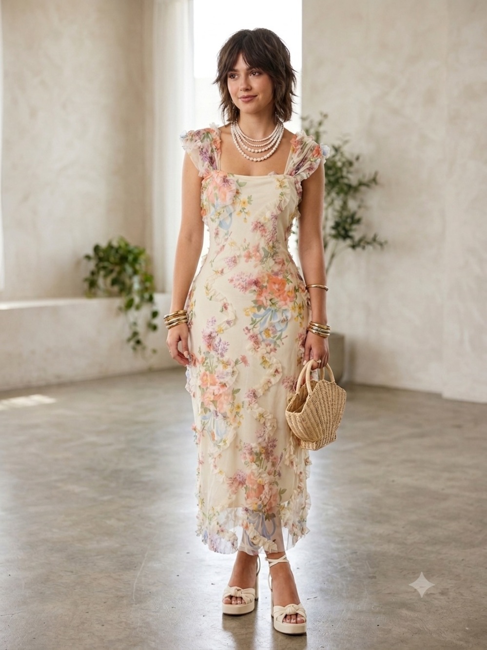 Coquette CottageCore Whimsical Romantic Floral Mesh Ruched Midi Dress Size L